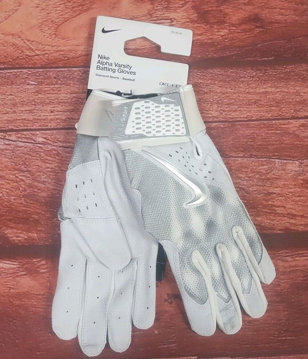Nike Alpha Varsity Batting Gloves White Gray Silver Size Medium NEW